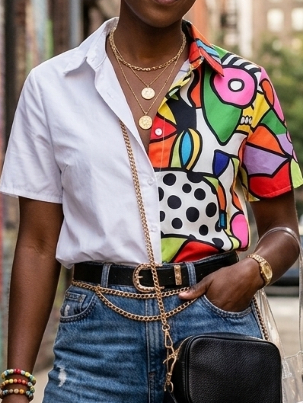 SHEIN Abstract Graphic Split Button Down Shirt
